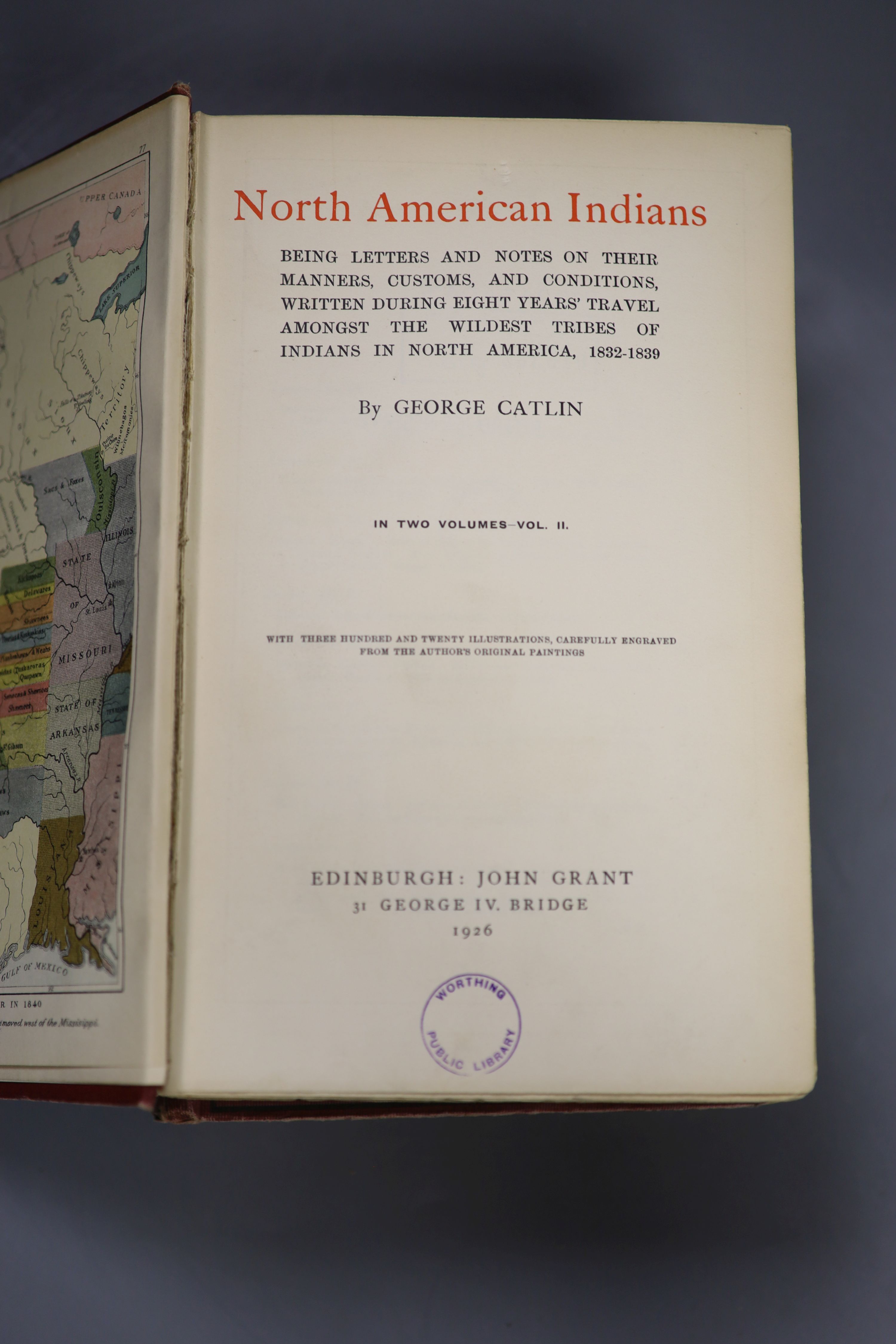 Catlin, George - North American Indians, 3 maps, 320 coloured plates, library stamps, John Grant, 1926